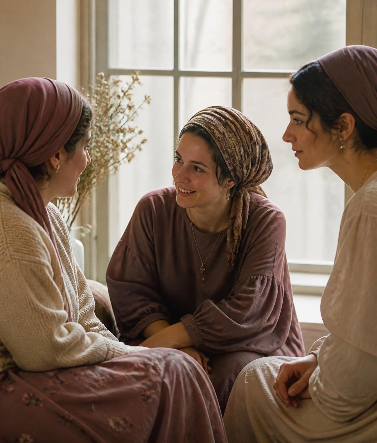 Three women sitting together in quiet conversation by a sunlit window